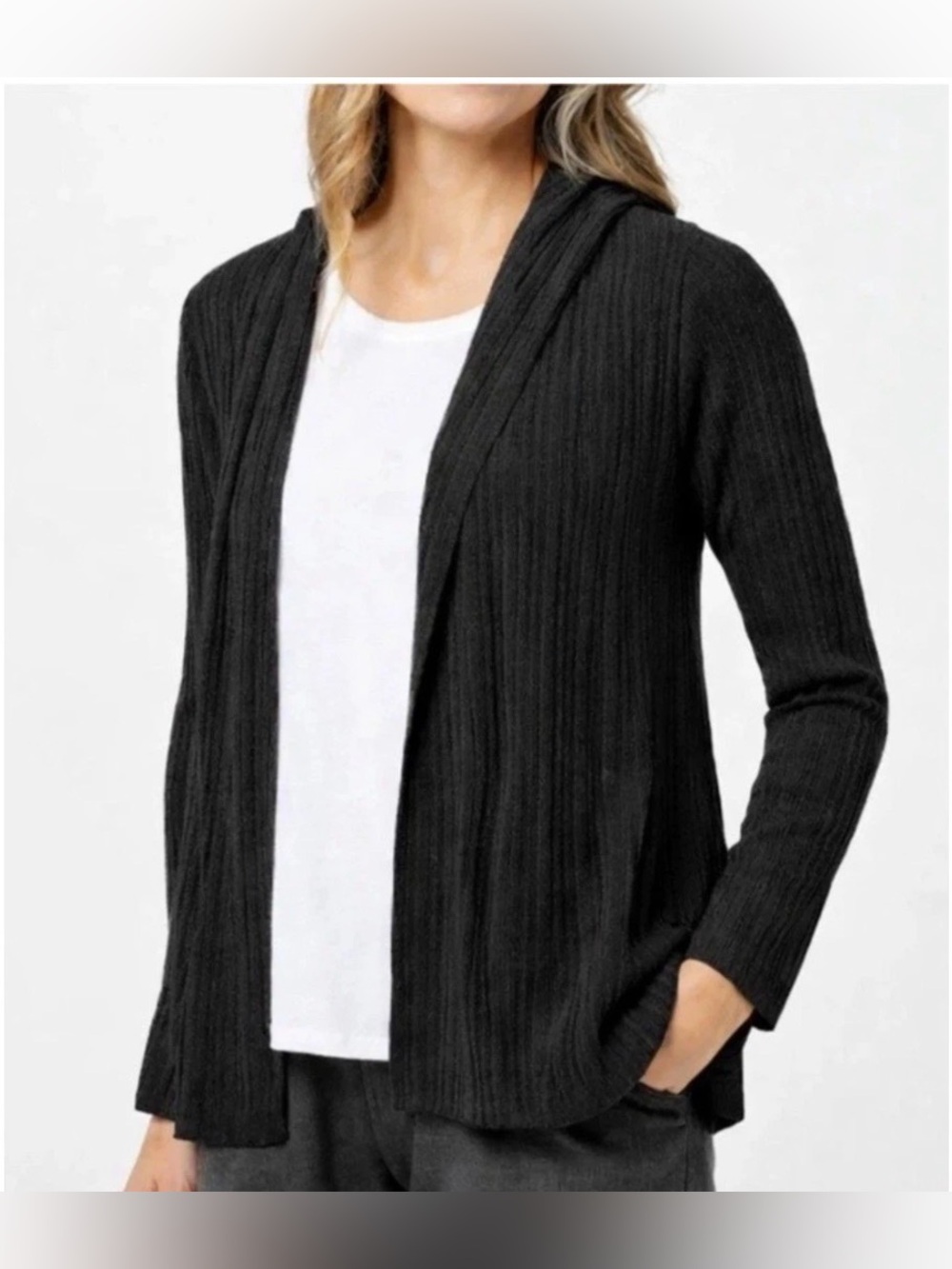 Barefoot Dreams Cozy Chic Ultralite Rib Hooded Cardi Black size S NWT